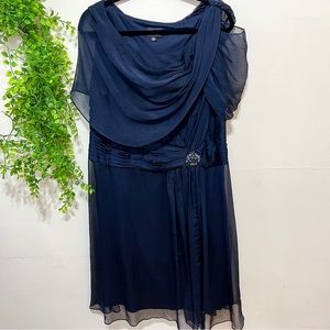 Adrianna Papell Navy Blue Chiffon Draped Midi Dress Size 18